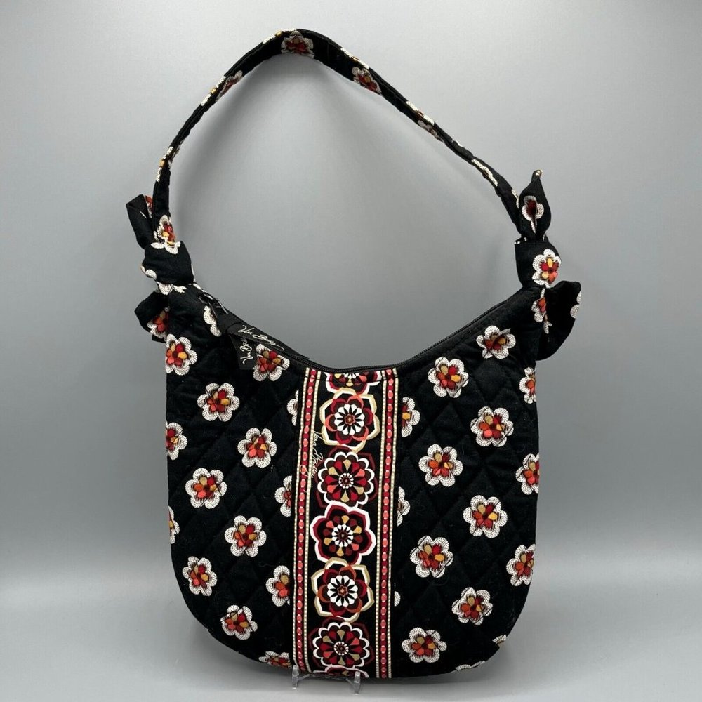 Vera Bradley Mini Hobo Shoulder Bag Black Pirouette Pattern Floral Black & Red